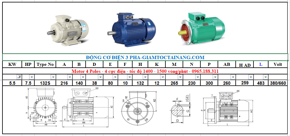 Motor điện 3 pha 5.5KW 4Poles