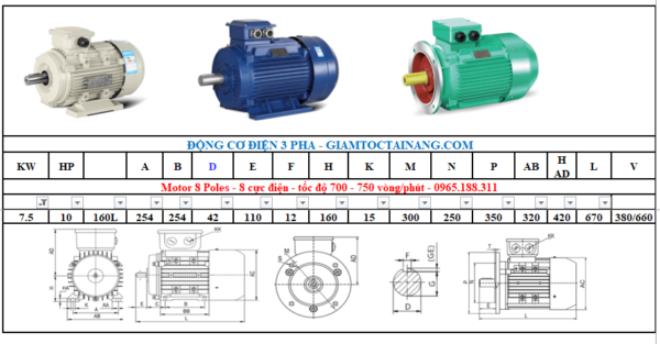 Motor điện 3 pha 7.5KW 8Poles