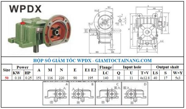 Thông số kỹ thuật hộp số WPDX size 50