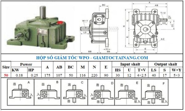 Thông số kỹ thuật hộp số WPO size 50