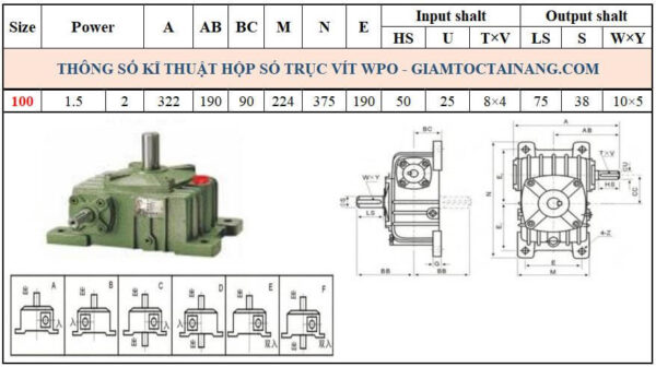 Thông số kỹ thuật hộp số WPO size 100