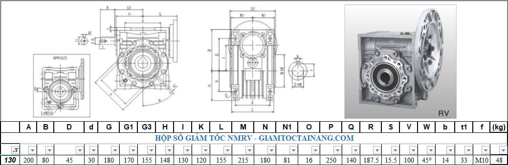 Thông số hộp số NMRV size 130