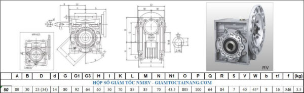 Thông số hộp số NMRV size 50