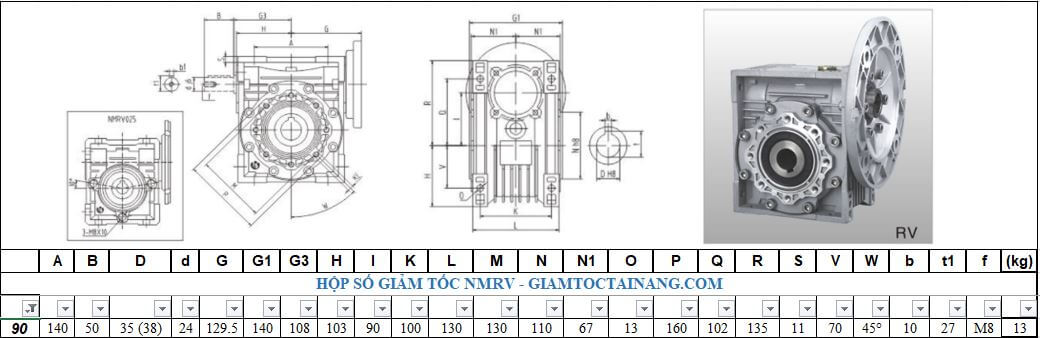 Thông số hộp số NMRV size 90