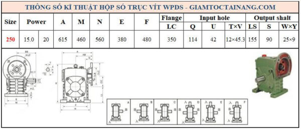 Thông số kỹ thuật hộp số WPDS size 250