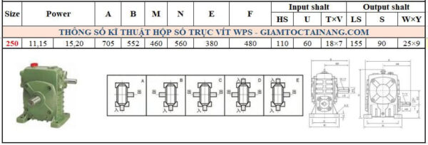 Thông số kỹ thuật hộp số WPS size 250