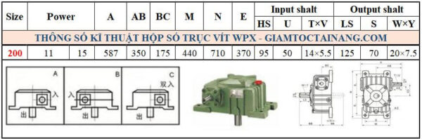 Thông số kỹ thuật hộp số WPX size 200