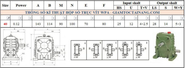 Thông số kỹ thuật hộp số WPA size 40