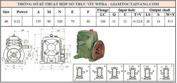 Thông số kỹ thuật hộp số WPDA size 40