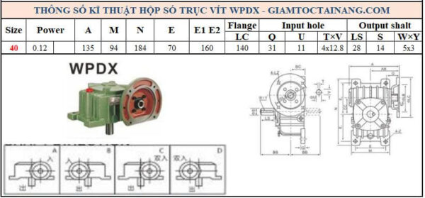 Thông số kỹ thuật hộp số WPDX size 40