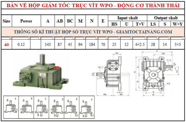 Thông số kỹ thuật hộp số WPO size 40