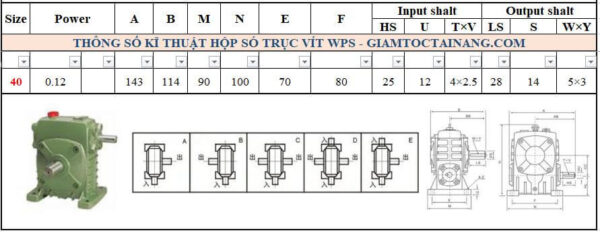 Thông số kỹ thuật hộp số WPS size 40