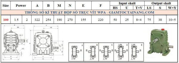 Thông số kỹ thuật hộp số WPA size 100