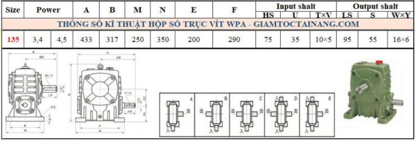 Thông số kỹ thuật hộp số WPA size 135