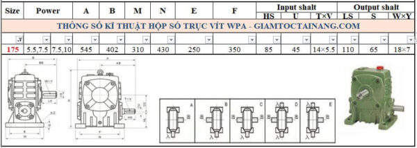 Thông số kỹ thuật hộp số WPA size 175