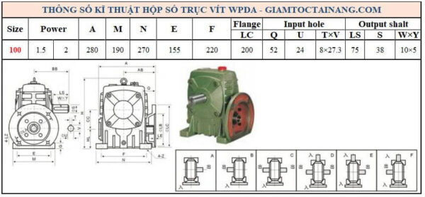 Thông số kỹ thuật hộp số WPDA size 100