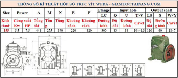 Thông số kỹ thuật hộp số WPDA size 155