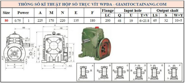 Thông số kỹ thuật hộp số WPDA size 80