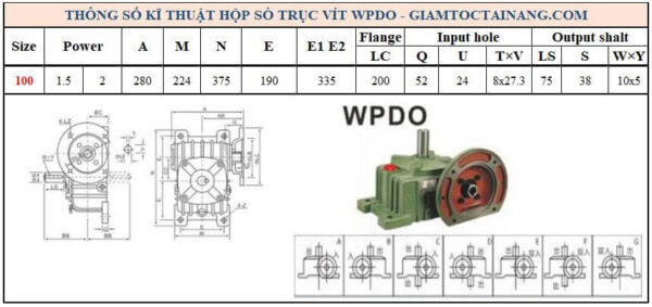 Thông số kỹ thuật hộp số WPDO size 100