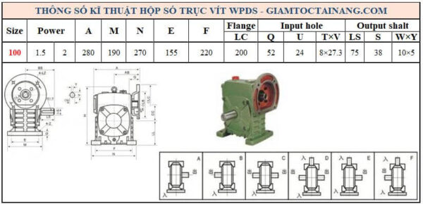 Thông số kỹ thuật hộp số WPDS size 100