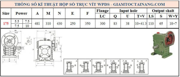 Thông số kỹ thuật hộp số WPDS size 175