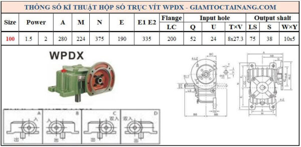 Thông số kỹ thuật hộp số WPDX size 100