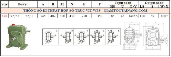 Thông số kỹ thuật hộp số WPS size 175