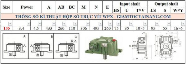 Thông số kỹ thuật hộp số WPX size 135