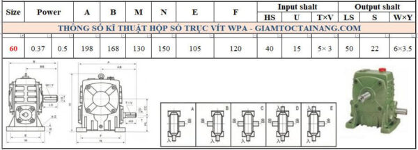 Thông số kỹ thuật hộp số WPA size 60