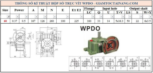 Thông số kỹ thuật hộp số WPDO size 60