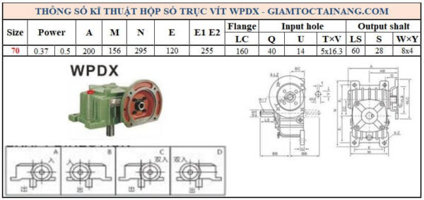 Thông số kỹ thuật hộp số WPDX size 70