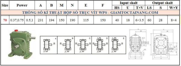 Thông số kỹ thuật hộp số WPS size 70