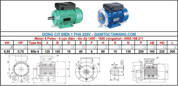 Motor điện 1 pha 0.55KW 0.75HP-4 Poles