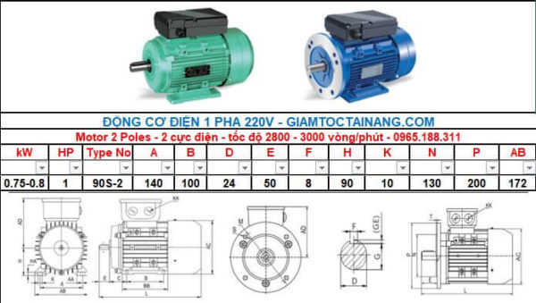 Motor điện 1 pha 0.75KW 1HP-2 Poles