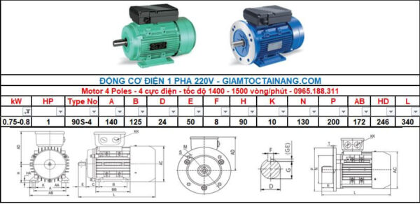 Motor điện 1 pha 0.75KW 1HP-4 Poles