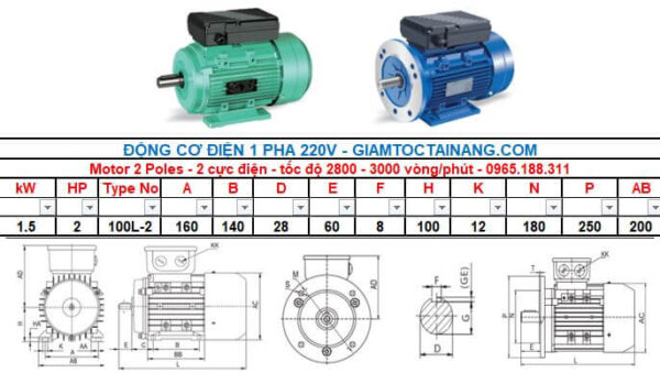 Motor điện 1 pha 1.5KW 2HP-2 Poles