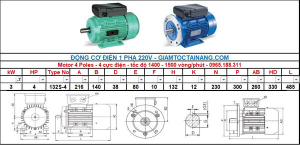 Motor điện 1 pha 3KW 4HP-4 Poles