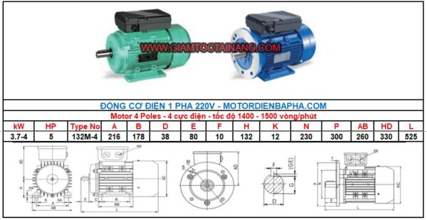 Motor điện 1 pha 3.7KW 5HP-4 Poles