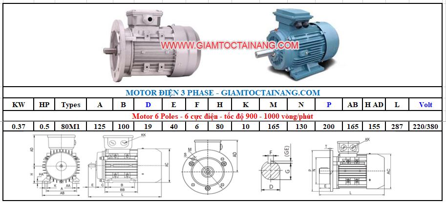 Motor điện 3 pha 0.37KW 6 Poles