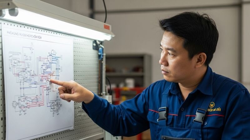 Cách đọc và phân tích sơ đồ nguyên lý mạch điện từng bước - từ xác định nguồn điện đến hiểu chức năng tổng thể của mạch.