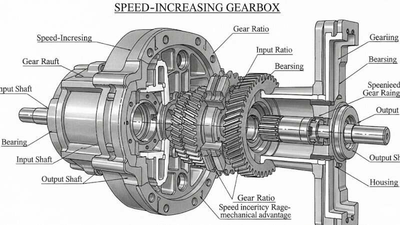 Cấu tạo chi tiết hộp số tăng tốc với vỏ thép chắc chắn và hệ thống bánh răng chính xác